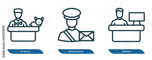 set of 3 linear icons from people concept. outline icons such as vet with cat, postman working, assembler vector