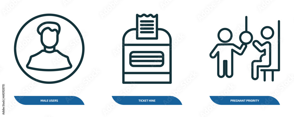 set of 3 linear icons from people concept. outline icons such as male users, ticket hine, pregnant priority vector set of 3 linear icons from people concept. outline icons such as male users, ticket hine, pregnant priority vector