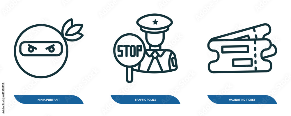 Fototapeta premium set of 3 linear icons from people concept. outline icons such as ninja portrait, traffic police, validating ticket vector