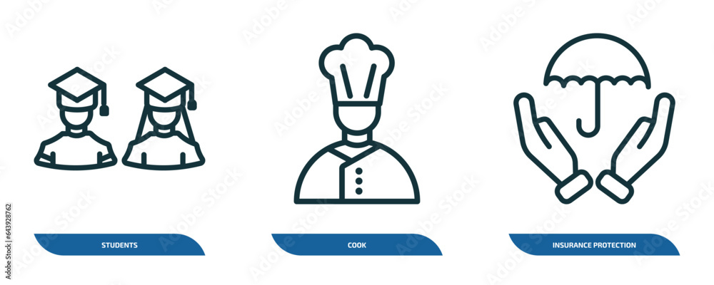 set of 3 linear icons from people concept. outline icons such as students, cook, insurance protection vector set of 3 linear icons from people concept. outline icons such as students, cook, insurance protection vector