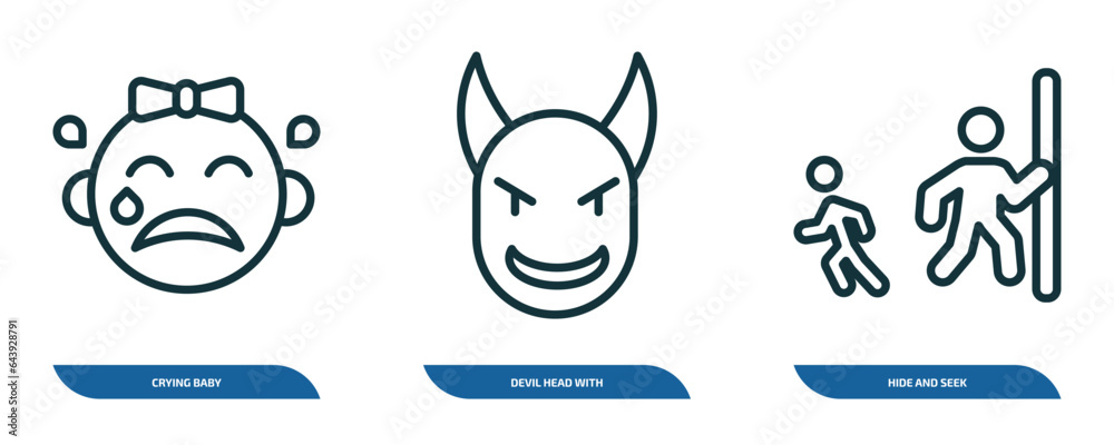 set of 3 linear icons from people concept. outline icons such as crying baby, devil head with horns, hide and seek vector