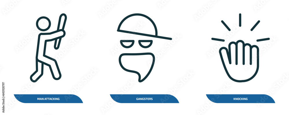 set of 3 linear icons from people concept. outline icons such as man attacking, gangsters, knocking vector
