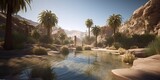 Desert Oasis: Discover a Hidden Paradise Amidst the Vast Desert. With Palm Trees, a Serene Pool of Crystal-Clear Water, and Shimmering Heat Creating a Mirage-Like Setting