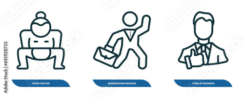 set of 3 linear icons from people concept. outline icons such as sumo fighter, businessman dancing, tumb up business man vector