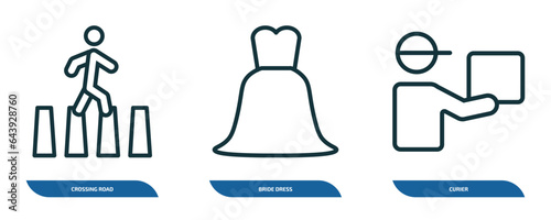 set of 3 linear icons from people concept. outline icons such as crossing road, bride dress, curier vector