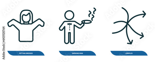 set of 3 linear icons from people concept. outline icons such as getting dressed, smoking man, complex vector