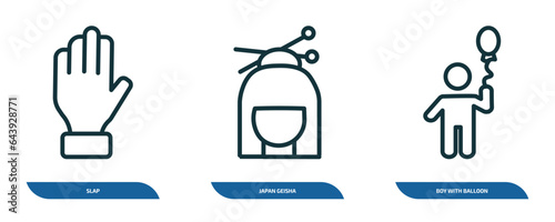 set of 3 linear icons from people concept. outline icons such as slap, japan geisha, boy with balloon vector