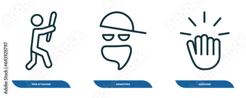 set of 3 linear icons from people concept. outline icons such as man attacking  gangsters  knocking vector