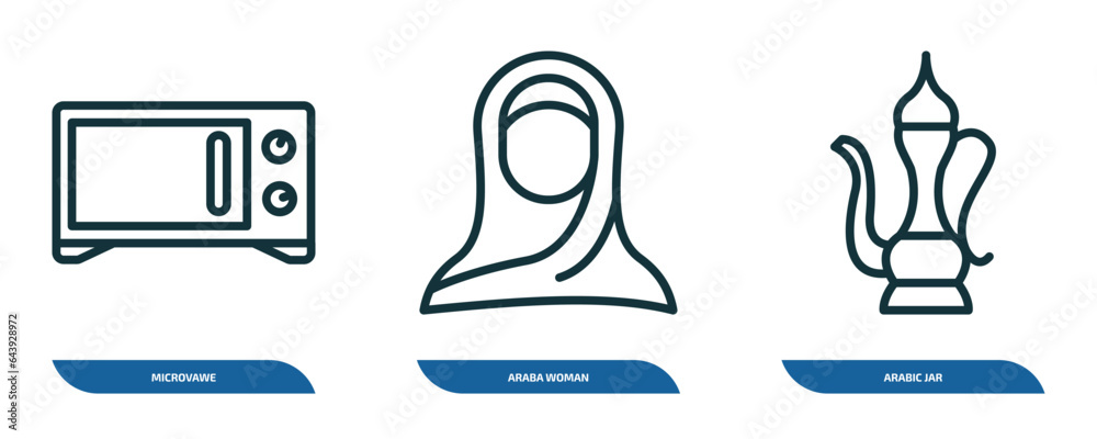 set of 3 linear icons from other concept. outline icons such as microvawe, araba woman, arabic jar vector set of 3 linear icons from other concept. outline icons such as microvawe, araba woman, arabic jar vector
