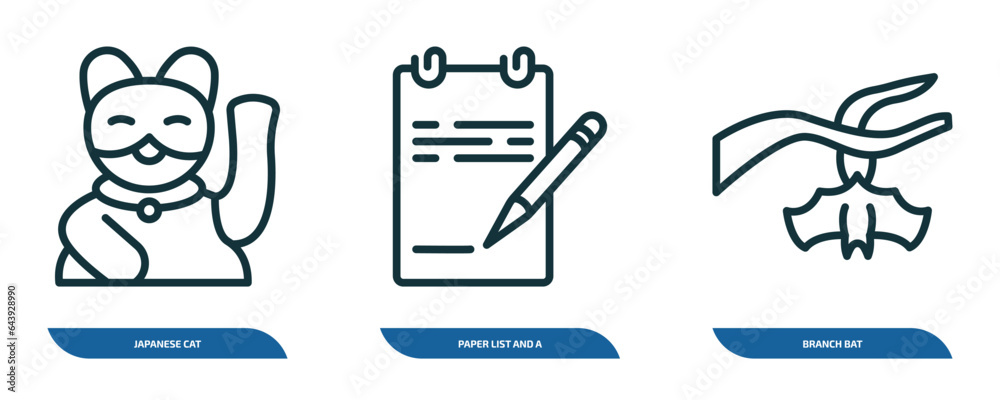 set of 3 linear icons from other concept. outline icons such as japanese cat, paper list and a pencil, branch bat vector set of 3 linear icons from other concept. outline icons such as japanese cat, paper list and a pencil, branch bat vector