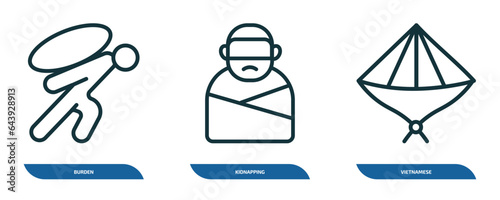 set of 3 linear icons from people concept. outline icons such as burden, kidnapping, vietnamese vector