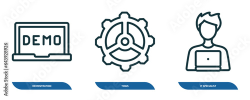 set of 3 linear icons from other concept. outline icons such as demostration, tings, it specialist vector