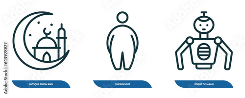 set of 3 linear icons from other concept. outline icons such as mosque moon and star, overweight, robot of japan vector