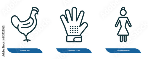 set of 3 linear icons from other concept. outline icons such as chichen hen, grooming glove, japanese demon vector