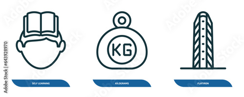 set of 3 linear icons from other concept. outline icons such as self learning, kilograms, flatiron vector