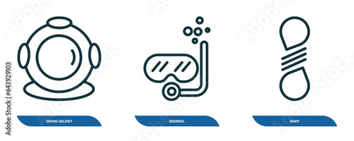 set of 3 linear icons from nautical concept. outline icons such as diving helmet, snorkel, knot vector