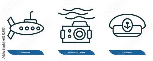 set of 3 linear icons from nautical concept. outline icons such as submarine, water resist camera, captain hat vector