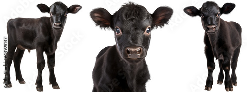 Black calf collection  portrait  standing   animal bundle of three baby cows isolated on a white background as transparent PNG