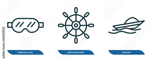 set of 3 linear icons from nautical concept. outline icons such as snorkling glasses, boat steering wheel, speed boat vector