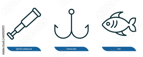 set of 3 linear icons from nautical concept. outline icons such as nautical monocular, fishing hook, fish vector