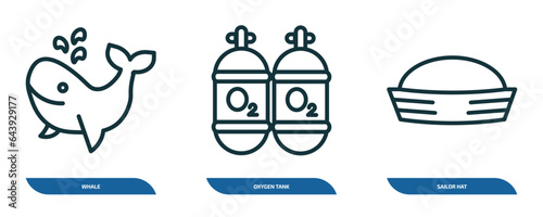 set of 3 linear icons from nautical concept. outline icons such as whale, oxygen tank, sailor hat vector