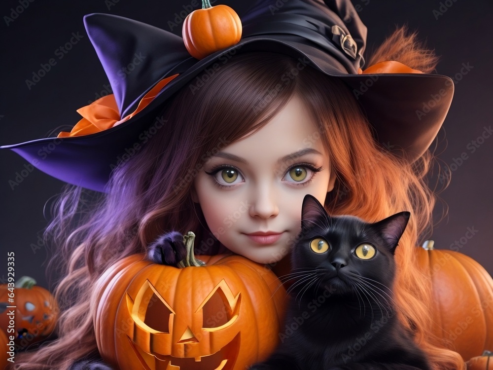 Fototapeta premium Happy Halloween, Halloween Cute Cat and Cute Kid, Scary Background 