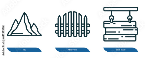 set of 3 linear icons from nature concept. outline icons such as hill, picket fence, wood board vector