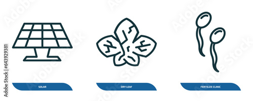 set of 3 linear icons from nature concept. outline icons such as solar, dry leaf, fertilize clinic vector