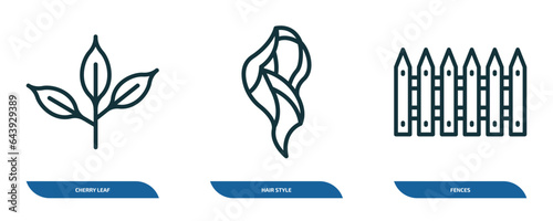 set of 3 linear icons from nature concept. outline icons such as cherry leaf, hair style, fences vector