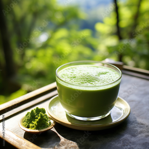 Homemade green tea matca latte in glass cup