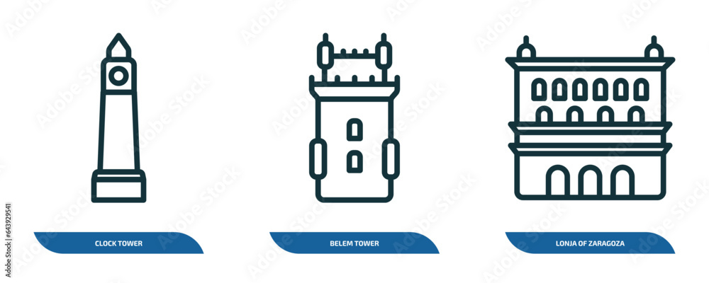 set of 3 linear icons from monuments concept. outline icons such as clock tower, belem tower, lonja of zaragoza vector