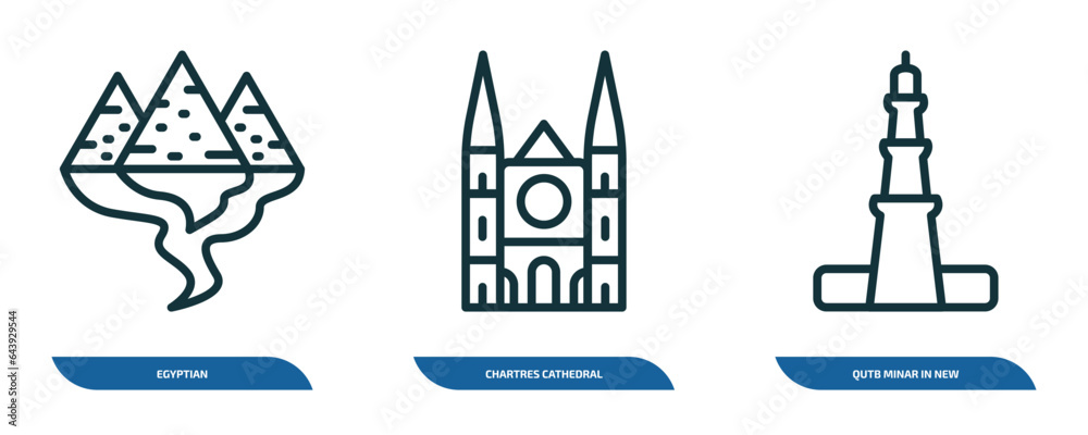 set of 3 linear icons from monuments concept. outline icons such as egyptian, chartres cathedral, qutb minar in new delhi vector