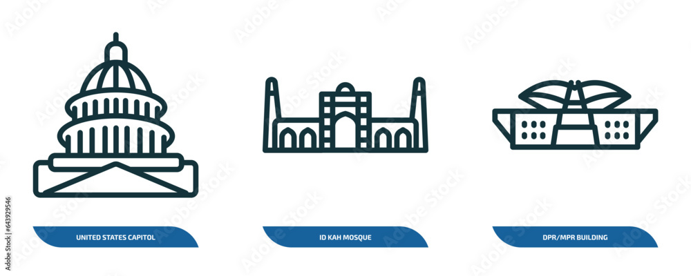 set of 3 linear icons from monuments concept. outline icons such as united states capitol, id kah mosque, dpr/mpr building vector