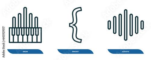 set of 3 linear icons from music and media concept. outline icons such as organ, bracket, acoustic vector