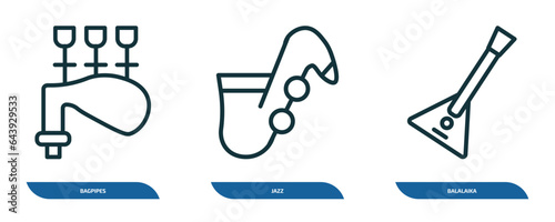 set of 3 linear icons from music and media concept. outline icons such as bagpipes, jazz, balalaika vector