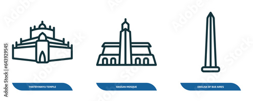 set of 3 linear icons from monuments concept. outline icons such as thatbyinnyu temple, hassan mosque, obelisk of bue aires vector