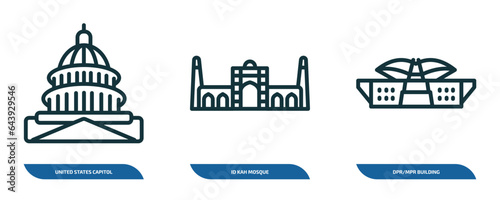 set of 3 linear icons from monuments concept. outline icons such as united states capitol, id kah mosque, dpr/mpr building vector