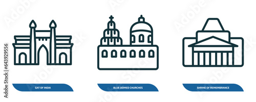 set of 3 linear icons from monuments concept. outline icons such as gat of india, blue domed churches, shrine of remembrance vector