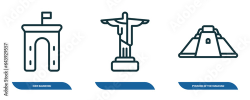 set of 3 linear icons from monuments concept. outline icons such as ejer baunehoj, , pyramid of the magician vector