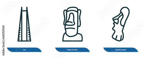 set of 3 linear icons from monuments concept. outline icons such as the, moia statues, easter island vector
