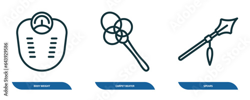 set of 3 linear icons from miscellaneous concept. outline icons such as body weight, carpet beater, spears vector