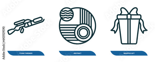 set of 3 linear icons from miscellaneous concept. outline icons such as flame thrower, abstract, wrapped gift vector