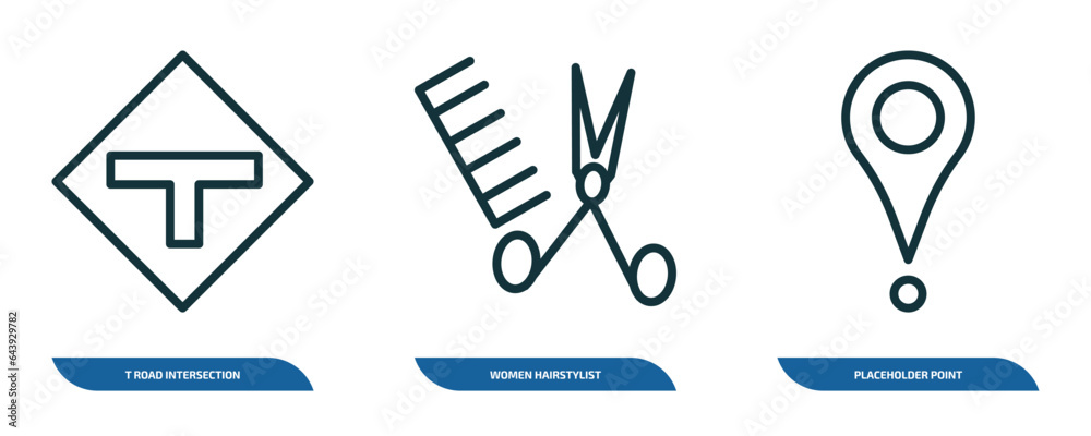 set of 3 linear icons from maps and flags concept. outline icons such as t road intersection, women hairstylist, placeholder point vector set of 3 linear icons from maps and flags concept. outline icons such as t road intersection, women hairstylist, placeholder point vector