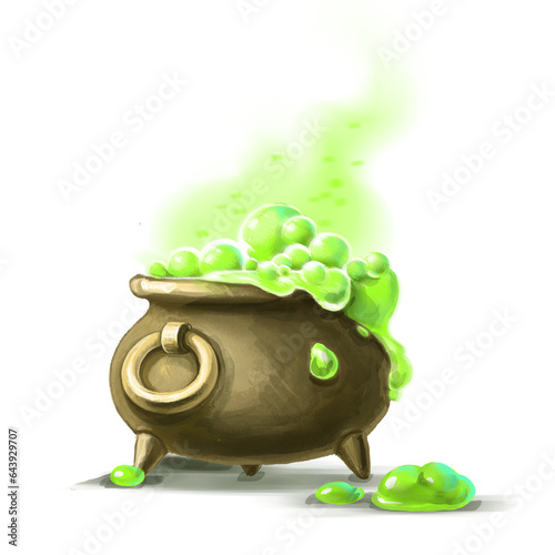 Witch cauldron with magic potion isolated on a white background photo