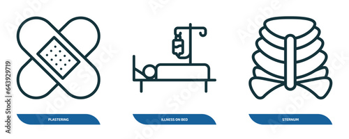 set of 3 linear icons from medical concept. outline icons such as plastering, illness on bed, sternum vector