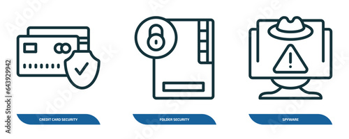 set of 3 linear icons from internet security concept. outline icons such as credit card security, folder security, spyware vector