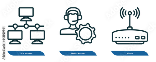 set of 3 linear icons from internet security concept. outline icons such as local network, remote support, router vector