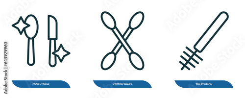 set of 3 linear icons from hygiene concept. outline icons such as food hygiene, cotton swabs, toilet brush vector