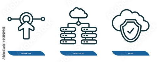 set of 3 linear icons from internet security concept. outline icons such as interactive, data center, cloud vector