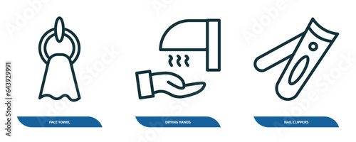 set of 3 linear icons from hygiene concept. outline icons such as face towel, drying hands, nail clippers vector